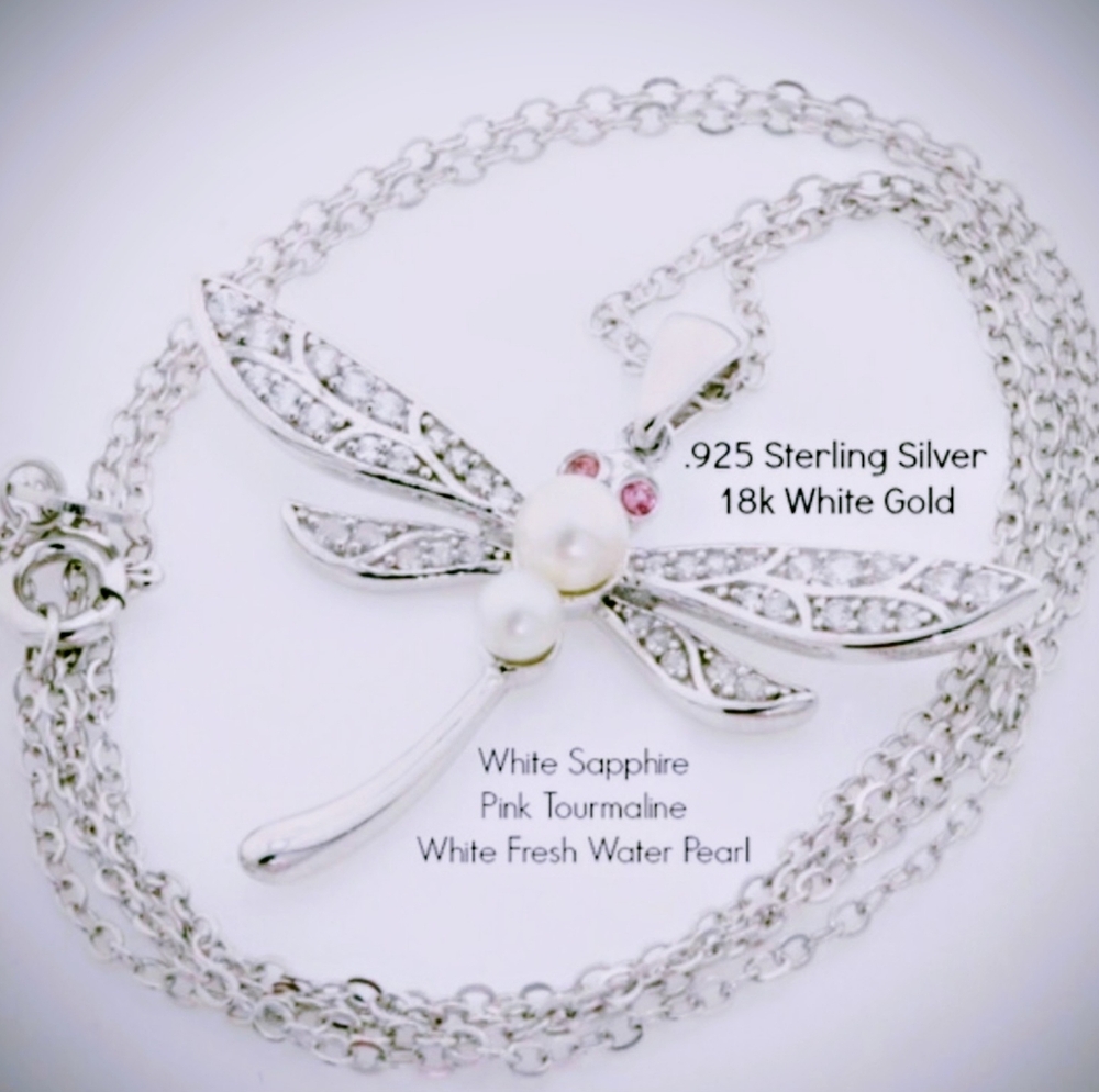 18k White Gold, Silver,Gemstone & Pearl Dragonfly Necklace
